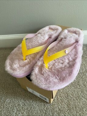 UGG Pink Plush Flip-Flop Slippers with Yellow Ombre Straps